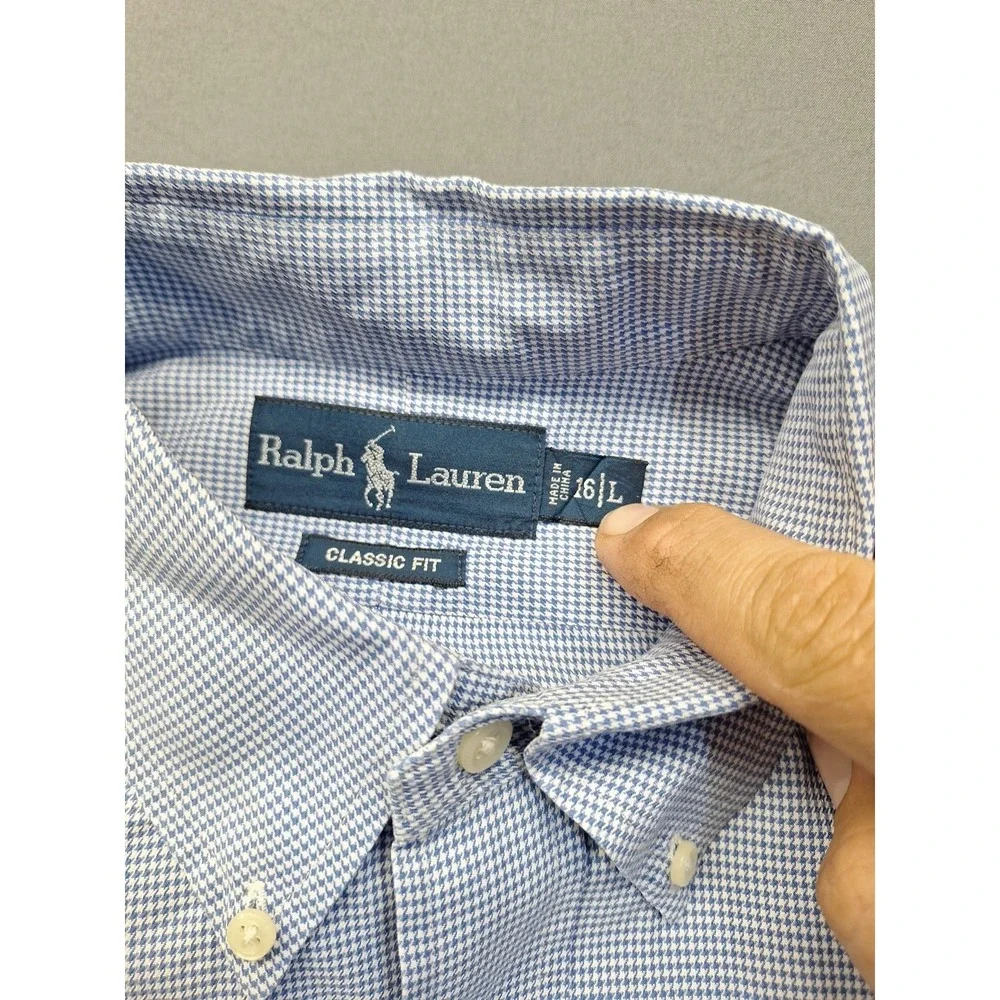 Polo Ralph Lauren Mens Classic Fit Blue Houndstooth‎ Large 16 Button Down Preppy